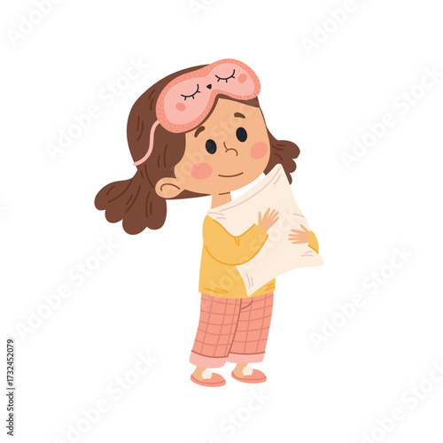 A cute girl in pajamas holding a pillow and wearing a sleep mask. Sleepy child. Flat-style vector illustration. Isolated on a white background.