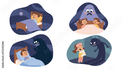 Children's fears. Children are afraid of the dark and monsters. Children's illustration 