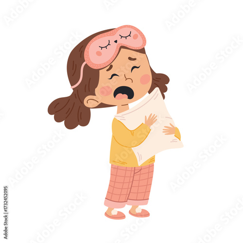 Cute little girl in pajamas with sleep mask. A girl is afraid, nightmares. Vector illustration in flat style. Isolated on a white background.