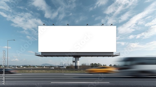 Blank outdoor billboard mockup on highway roadside with motion blurred cars, traffic, clear blue sky