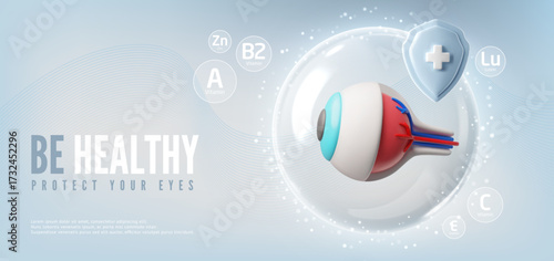 Be healthy protect your eyes 3D banner, eye in protective sphere, shield with cross, vitamins, prevention visual system