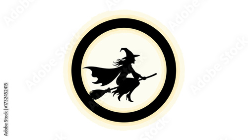 Witch Silhouette Flying Across the Moon: A dark silhouette of a witch on a broomstick soars across a glowing full moon, capturing the eerie and mysterious essence of a Halloween night.