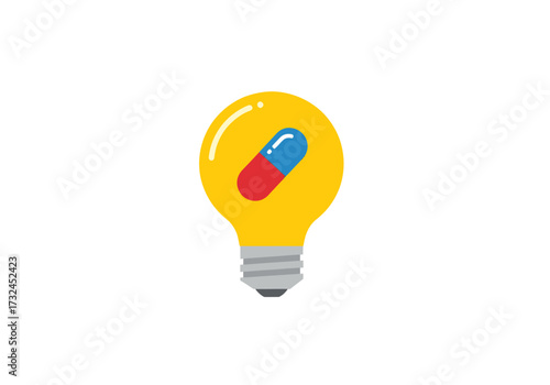 Innovative medicine idea with light bulb and capsule, health innovation concept for medical design and pharmaceutical industry promotion.
