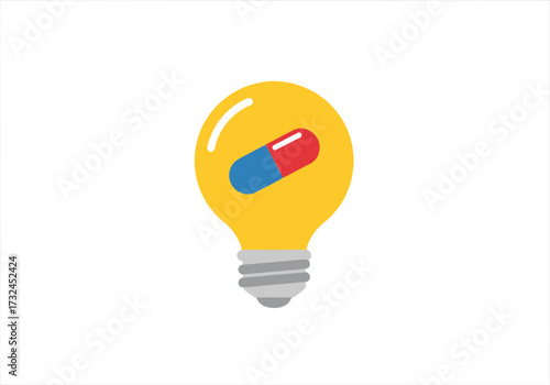 Medication pill inside a bright yellow lightbulb conceptualizes ideas and medical innovation within healthcare, pharmaceutical and prescription drug industries