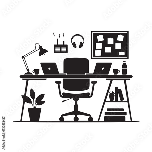 Vector art of modern home office setup with desk, chair, laptops, plant, and lamp