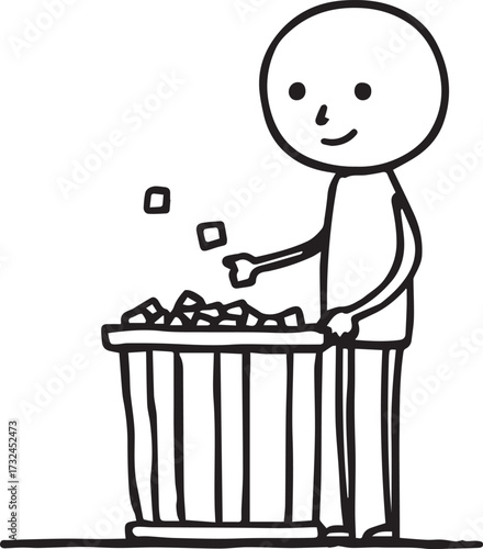 Cartoon person throwing items into trash can — black and white illustration symbolizing decluttering, decision-making, and release