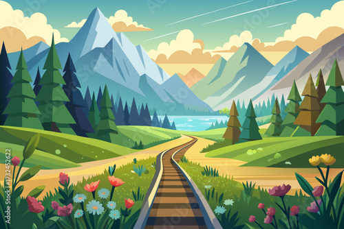 Vibrant mountain landscape unfolds along a scenic railway track inviting adventure and exploration through lush green hills and sparkling blue waters