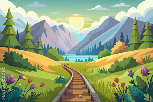 Journey unfolds toward tranquil lake nestled within majestic mountains, leading through vibrant meadows and pine forests under a bright, cheerful sun.