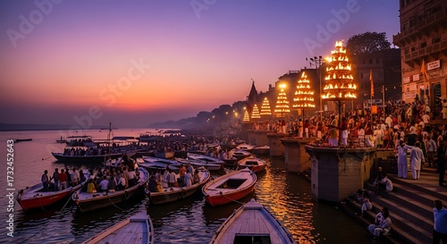 A vibrant riverside scene at dawn, showcasing numerous boats and people gathered for a religious ceremony along the riverbank, illuminated by warm light.