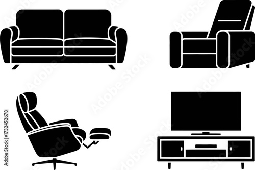 A modern living room setup with a sofa, recliner chair, and entertainment center.