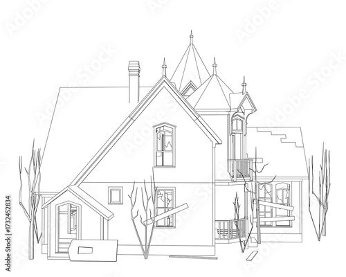 Abandoned house with a turret in a contour drawing style, surrounded by trees against a white background.