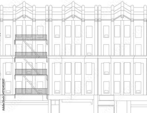 Detailed architectural drawing of a city building facade featuring numerous windows and balconies in a clean black and white contour style.