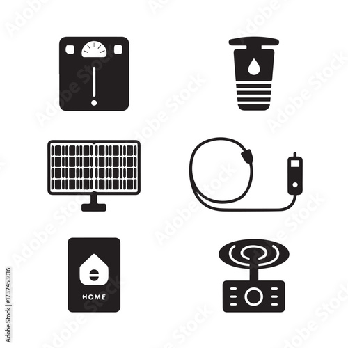 Vector art of set of black icons related to smart home technology and energy, including a scale, solar panel, and smart meter