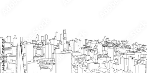 Detailed black and white contour drawing of a bustling cityscape with sketched buildings. The urban landscape is rendered on a clean white background.