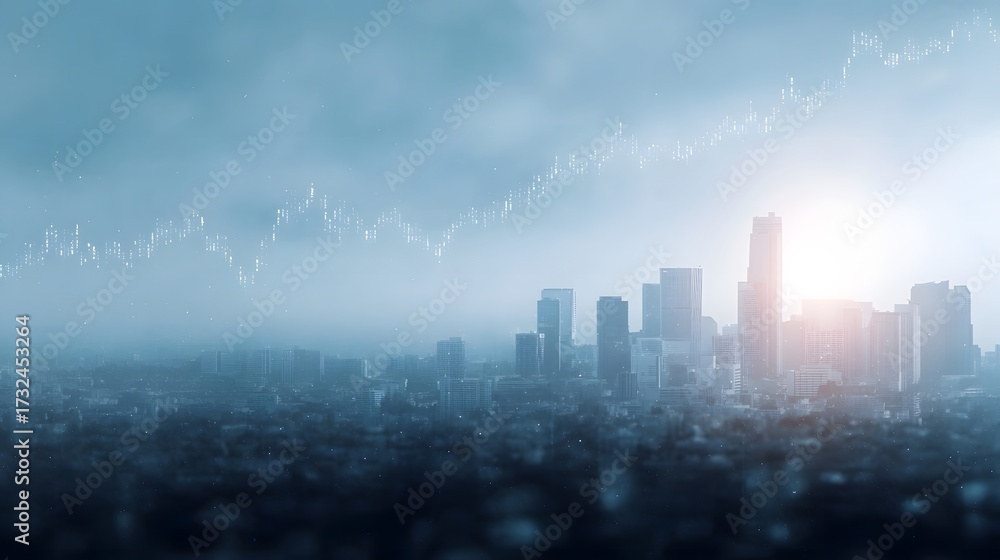 Fototapeta premium Modern city skyline with an upward trending financial graph overlaid against a hazy blue sky
