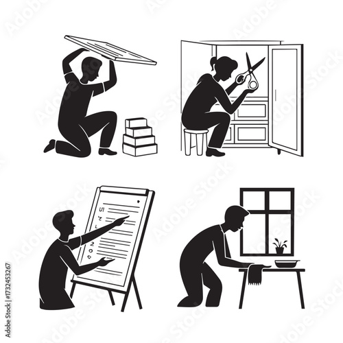 Vector art of set of silhouette icons depicting people engaged in different tasks like construction, organization, and cleaning