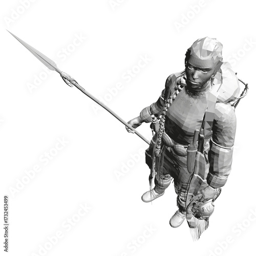An ethnic girl in polygonal winter attire holds a spear with a determined expression. Her strong posture and detailed clothing convey courage and readiness for any challenge.