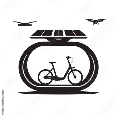 Vector art of silhouette of a bicycle inside a futuristic oval frame with solar panels on top and drones flying around