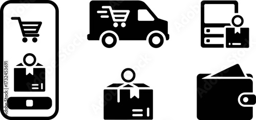 Online shopping process with delivery and payment options illustrated.