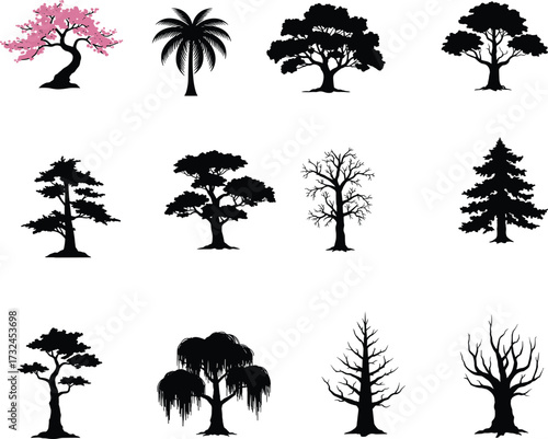 Collection of different tree silhouettes including cherry blossom, palm, pine, oak, willow, and seasonal trees for vector illustration design.