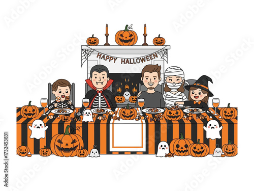Halloween Gathering Illustration: A festive Halloween scene with costumed characters gathered around a table, surrounded by spooky decorations, pumpkins, and candles.