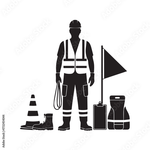 Vector art of silhouette of a construction worker with safety equipment including a hard hat, vest, cones, and flag