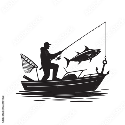 Vector art of silhouette of a fisherman reeling in a large tuna from a boat, with a net and anchor