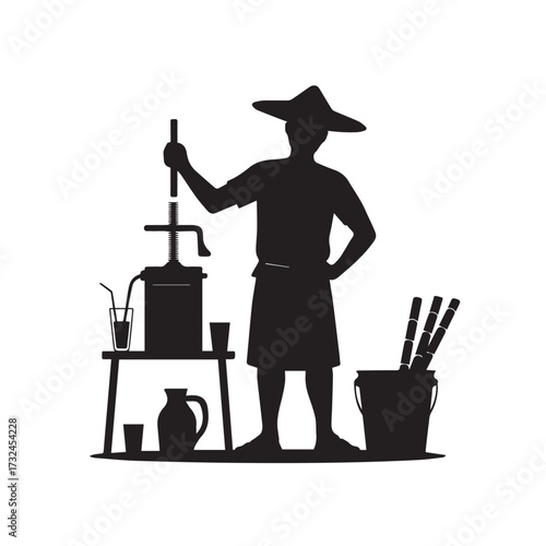 Vector art of silhouette of a man in a hat operating a juice press machine with sugarcane