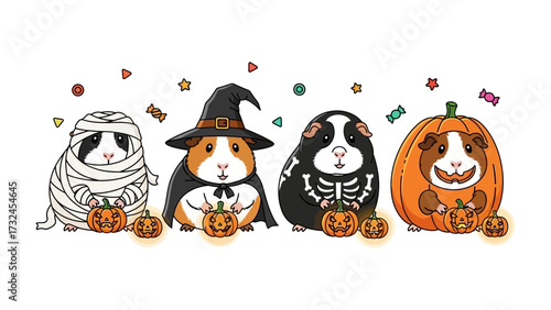 Halloween Guinea Pig Parade: A delightful illustration captures the festive spirit of Halloween with a parade of adorable guinea pigs.