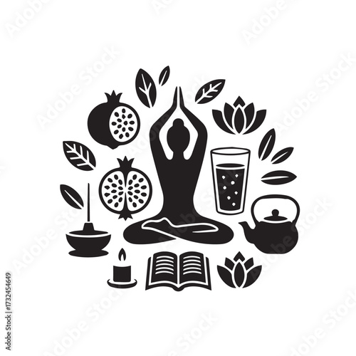 Vector art of silhouette of a person meditating in lotus pose surrounded by symbols of wellness, health, and relaxation, including pomegranates, lotus flowers, and a book