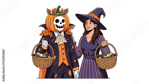 Halloween Harvest: Two figures stand side-by-side, each with their own unique costume and basket full of candies, perfectly poised against a Halloween background. 