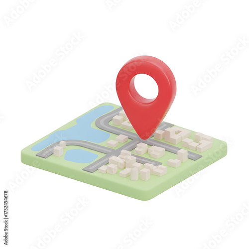 3d red pin with city map. Red plastic push pin on folded paper map, point marker. Place position pointer vector GPS location icon. Transparent PNG available