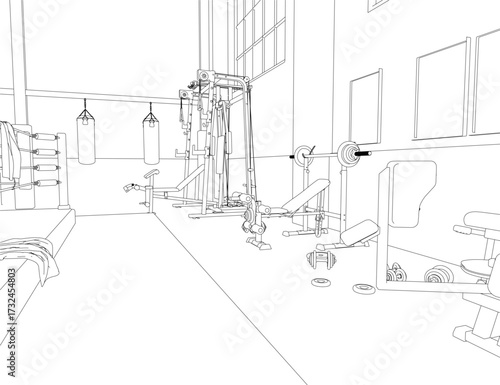 Black and white contour drawing of a gym interior with various training equipment, including weights, machines, and punching bags arranged near large windows.