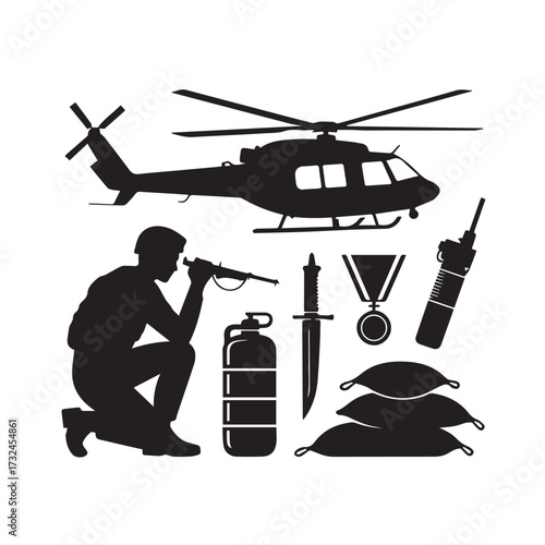 Vector art of silhouette of a soldier aiming a rifle, with a helicopter, military equipment, and sandbags