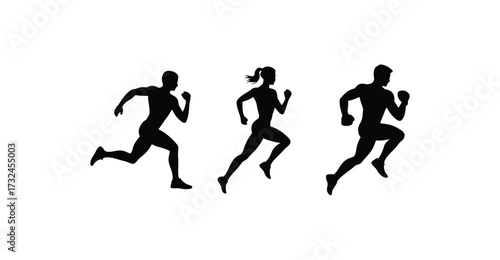  Silhouettes of three people running — black and white vector icon symbolizing fitness, motion, athleticism, teamwork, health, and activity