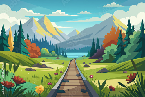 Journey into vibrant mountain wilderness with scenic train tracks leading to tranquil lake and majestic peaks