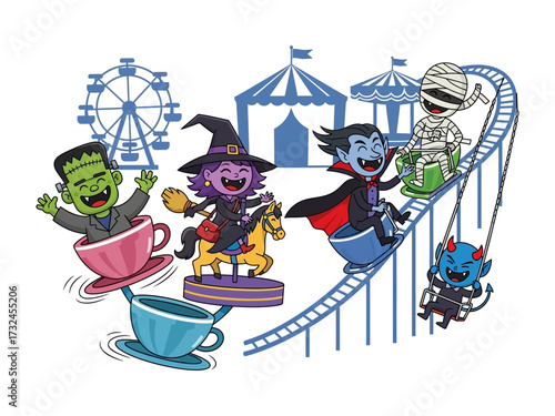 Halloween Carnival Delights: A whimsical illustration captures the essence of a Halloween carnival, with vibrant characters enjoying thrilling rides and playful amusement. 