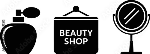 A beauty shop sign with a perfume bottle and a mirror.