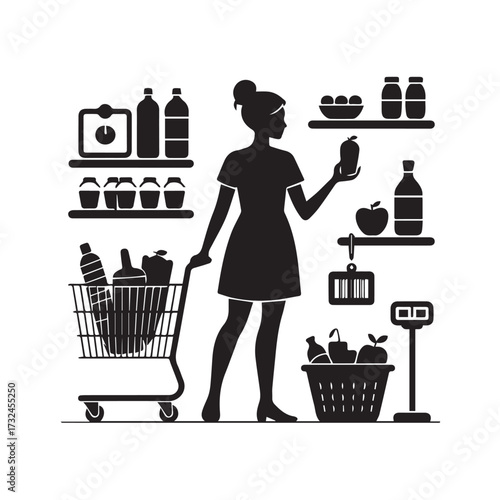 Vector art of silhouette of a woman shopping in a supermarket with a cart and basket full of groceries, representing consumerism and daily life