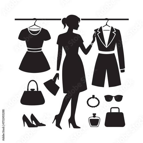 Vector art of silhouette of a woman in a dress, holding a handbag, with various fashion items like shoes, a suit, and accessories