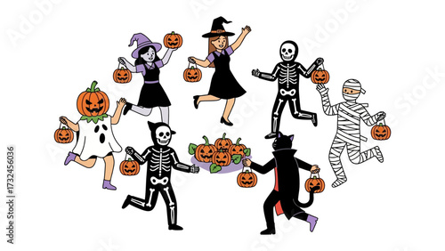 Halloween Costume Party: A delightful illustration captures the essence of Halloween, featuring kids in various costumes, holding pumpkin lanterns in a spirited circle. The mood is light.