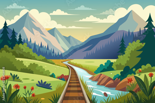 Serene mountain landscape unfolds with a winding railway track beside a flowing river, inviting adventure and tranquility.