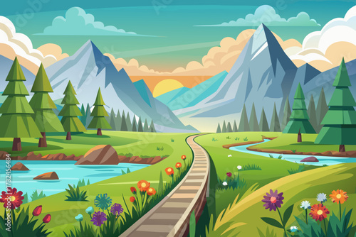 Serene mountain landscape with winding railway track through green meadows and vibrant wildflowers under a colorful sunrise sky