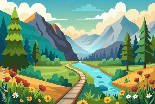 Serene mountain valley unfolds with a winding river, lush trees, and vibrant wildflowers creating a peaceful, idyllic natural landscape scene