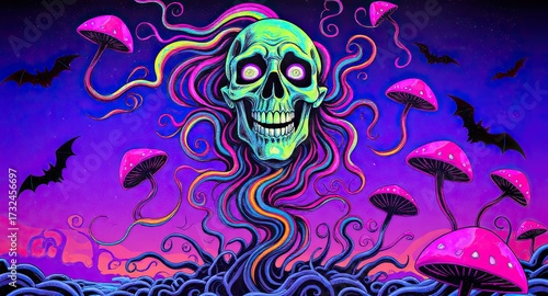 psychedelic skull in vibrant surreal landscape with colorful mushrooms and flying bats at night
