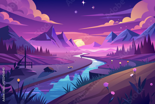 Stunning serene landscape unfolds with majestic mountains, winding river, and vibrant sunset hues painting the sky, evoking peace and wonder.