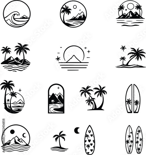 Collection of minimalist black and white beach themed icons with palm trees and surfboards