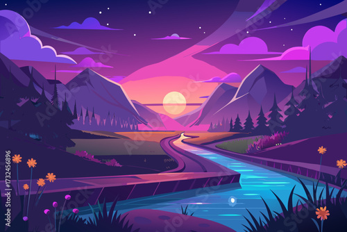 Stunning vibrant purple sunset paints dramatic mountain landscape with winding river reflecting twilight's magical glow