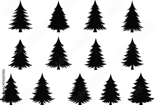 Collection of pine tree silhouette vector illustrations, evergreen conifer forest design elements, perfect for nature, Christmas, landscape, and decoration themes.