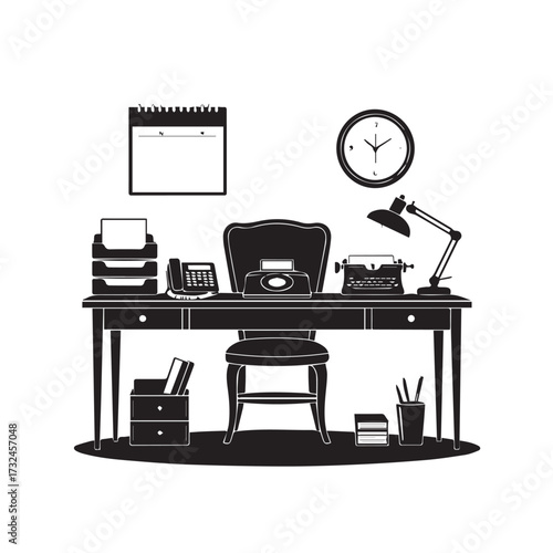 Vector art of vintage office desk with typewriter, telephone, lamp, and calendar